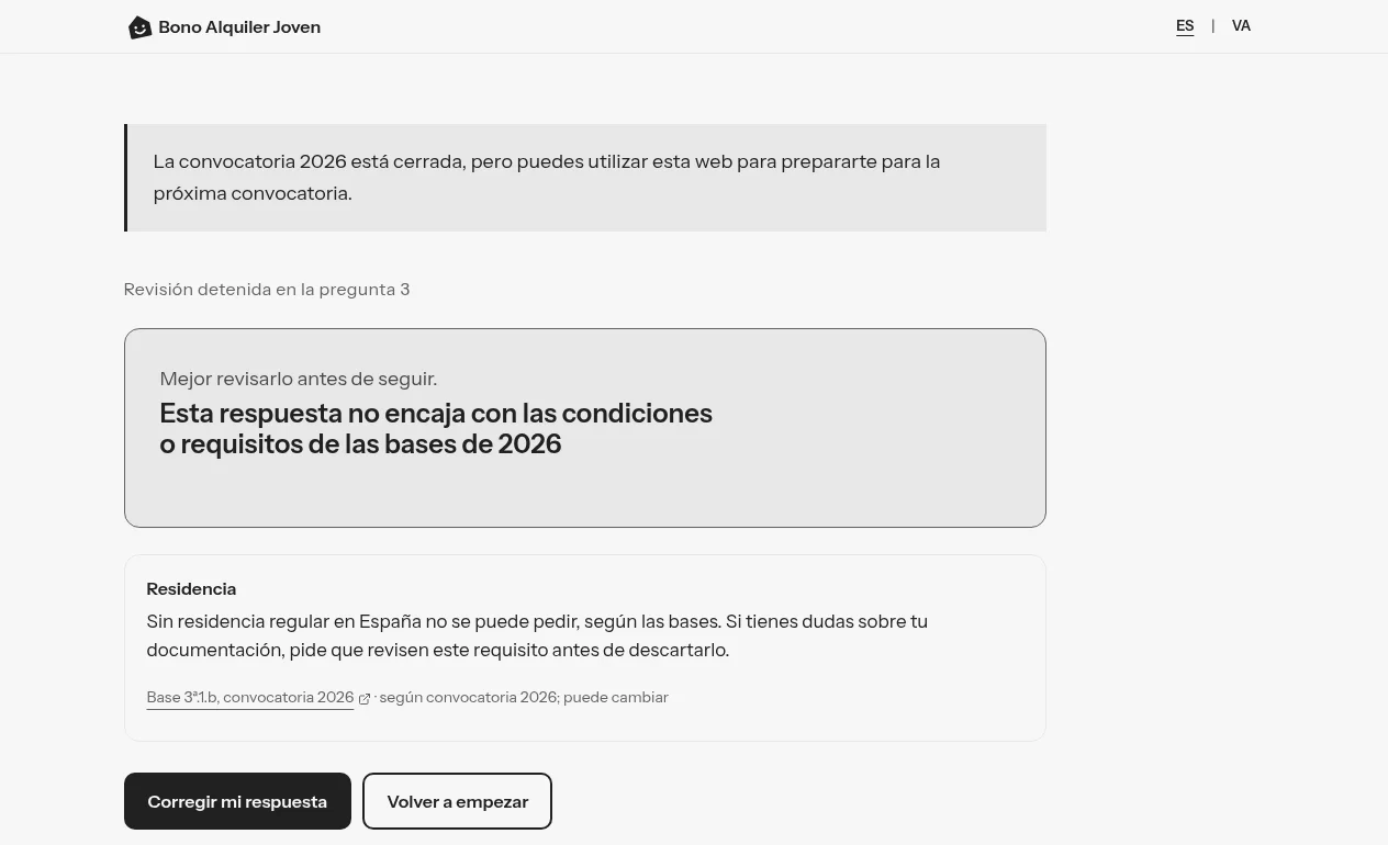 Early stop screen of the Bono Alquiler Joven check: a notice says the answer does not meet the 2026 conditions, with the reason, the official source and two buttons