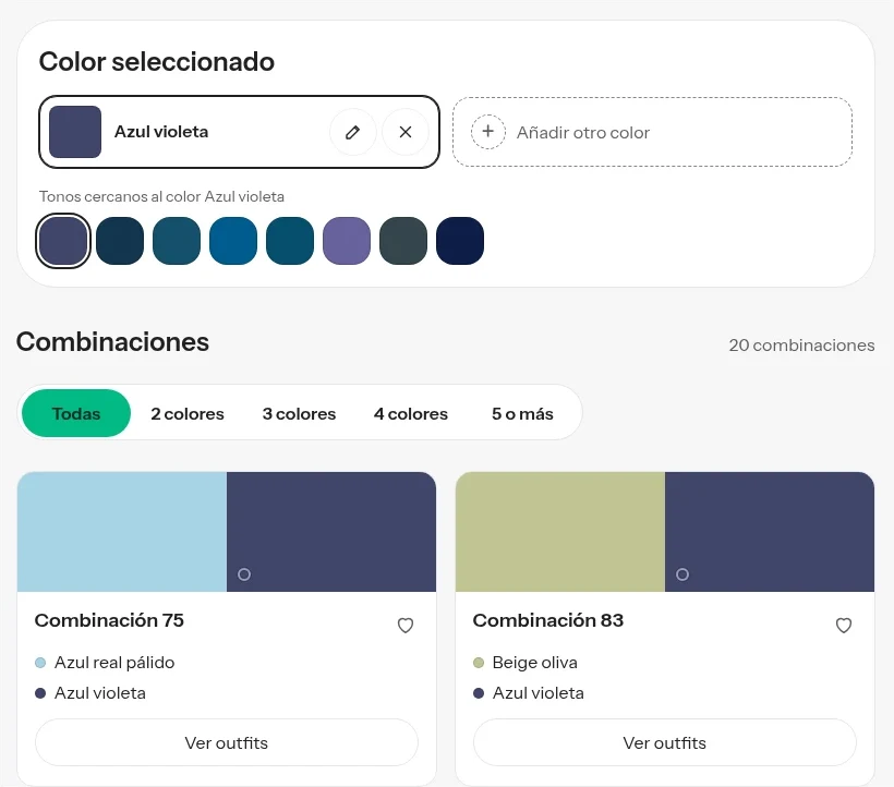 Sanzo Wada color combinations tool with a blue-violet color selected and the book's combinations listed below it